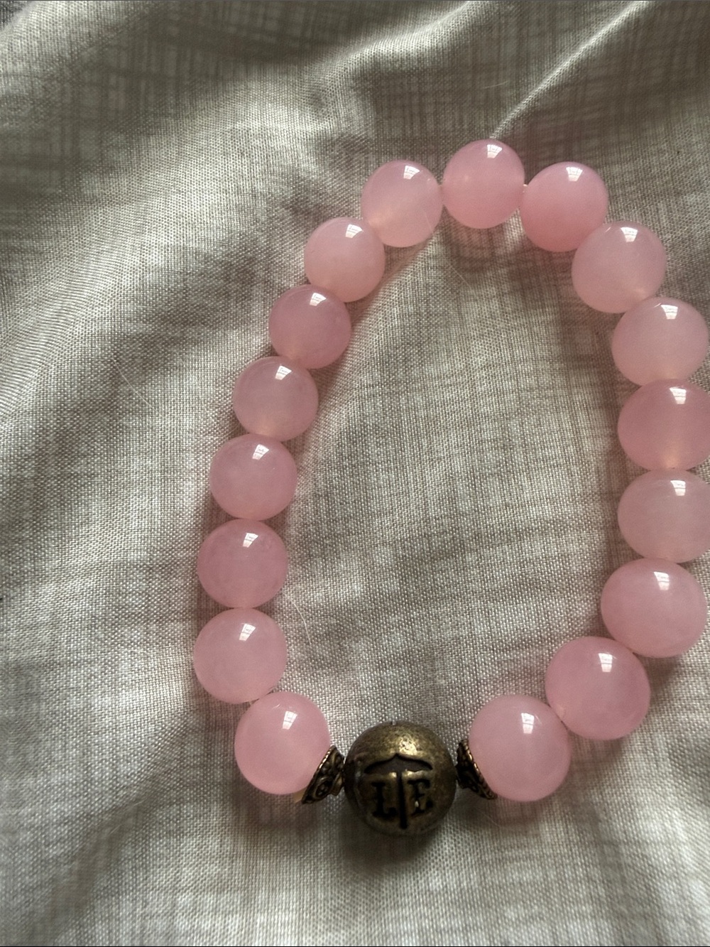 Rose Quartz Pink Beaded Stretch Bracelet with Brass Accent